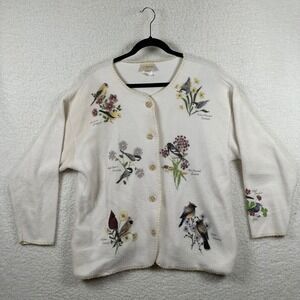 Artisans Womens Cream Bird Print Fleece Cardigan Large Birdwatcher Cottagecore